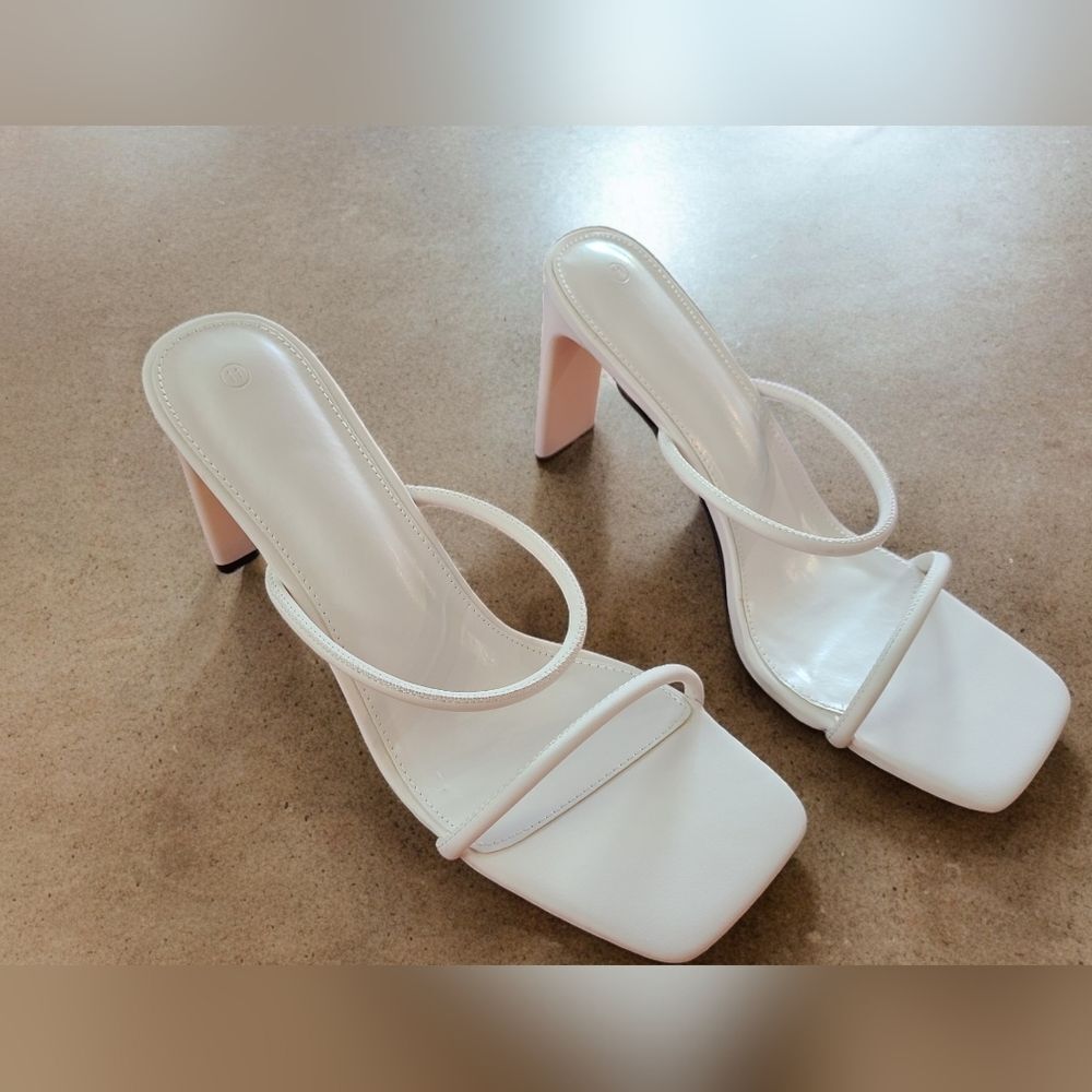 VETASTE Women White Double Straps Heel Sandals Square Open Toe Shoes NIB